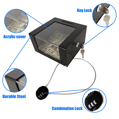 D7-B - Steel Locking Tip Box - Heavy-Duty Secure Tip Jar with Combination Cable Lock, Ideal for Taxi Tips, Donations, Suggestions, Business Cards, Cash, and More in Family Churches, Restaurants, and Events