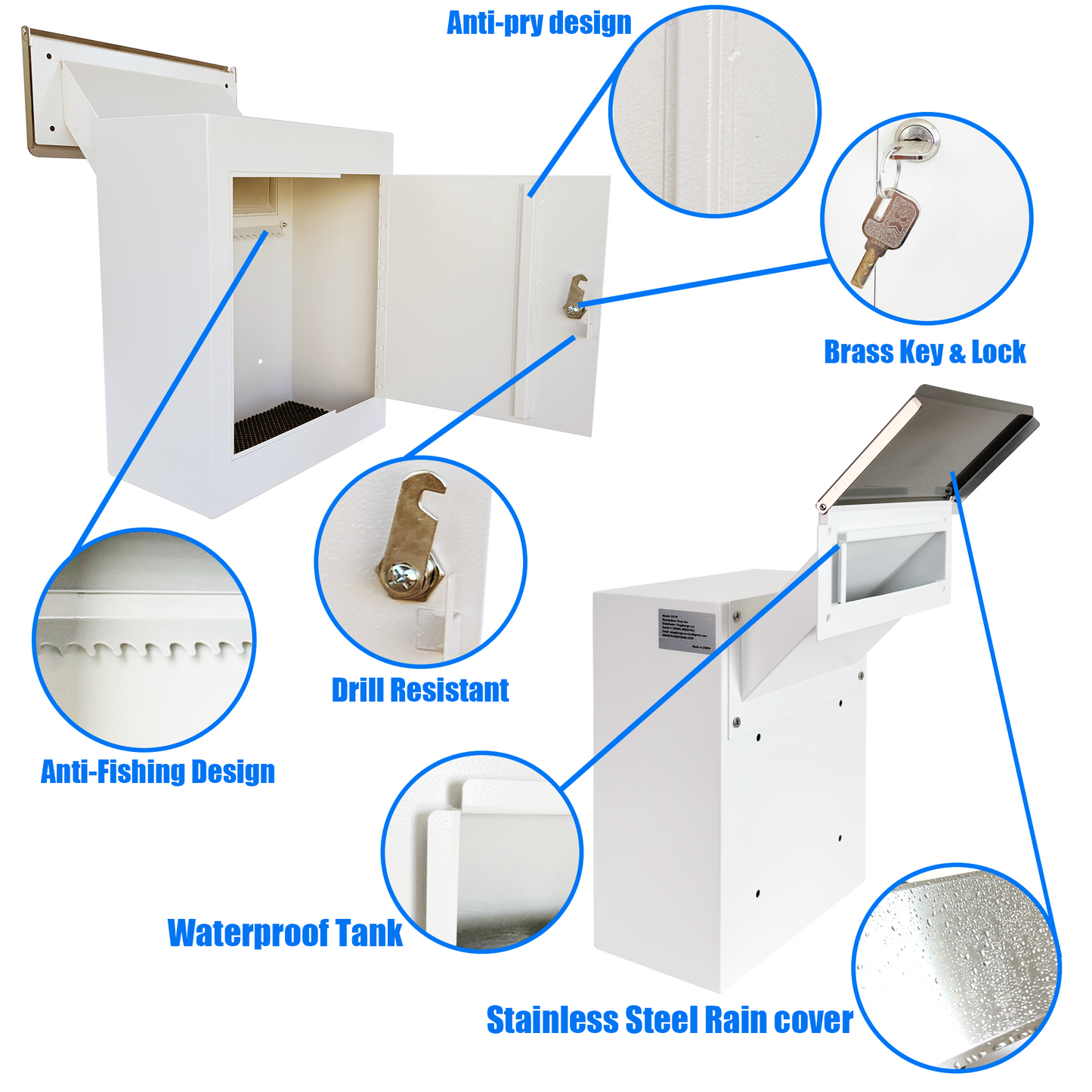D3N-W-OPENBOX -Through-The-Wall Drop Box with Rainproof Cover | Heavy Duty Through Wall Mailbox with 8.25-Inch Adjustable Chute | Rainproof Locking Drop Safe for Mail, Rent, Checks, Cash, and Keys, White