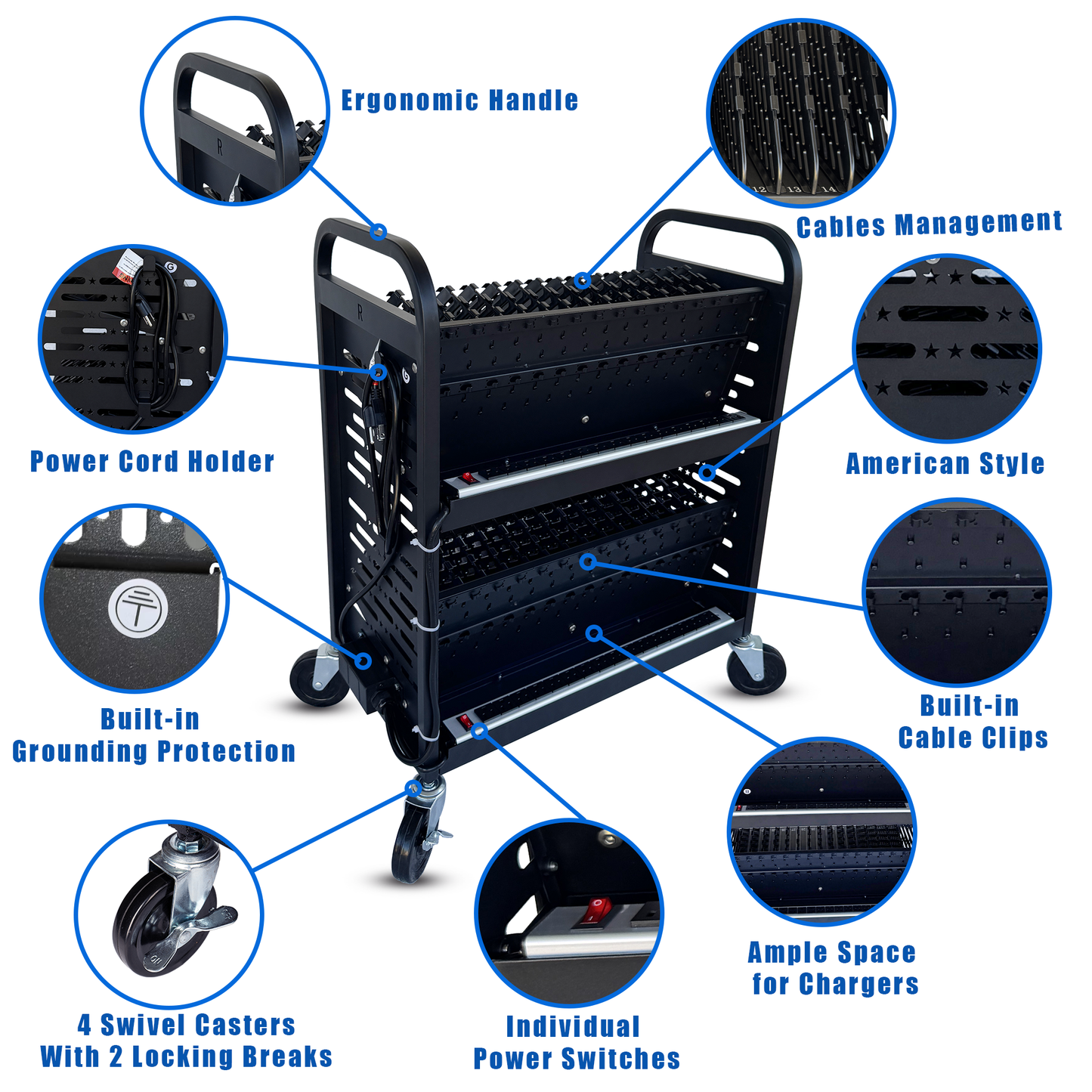 C32A-B - 32-Device Open Laptop & Tablet Charging Cart for Classroom, Chromebook Charging Station, Mobile School Storage Cart with Cable Management & Surge Protection