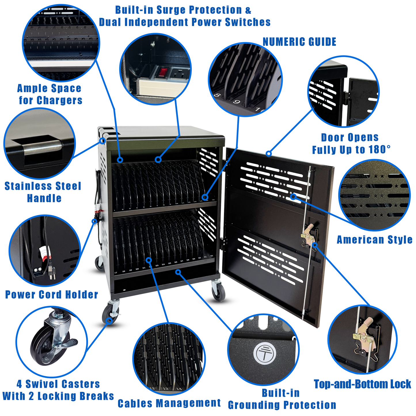 C32B-B - 32-Device Laptop Charging Cart for Chromebooks, iPad & Tablets Fits Up to 14" Laptops with Locking Storage,Stainless Steel Handle,Cable Management for Schools,Offices & Libraries, Black