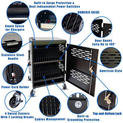 C32B-B - 32-Device Laptop Charging Cart for Chromebooks, iPad & Tablets Fits Up to 14" Laptops with Locking Storage,Stainless Steel Handle,Cable Management for Schools,Offices & Libraries, Black