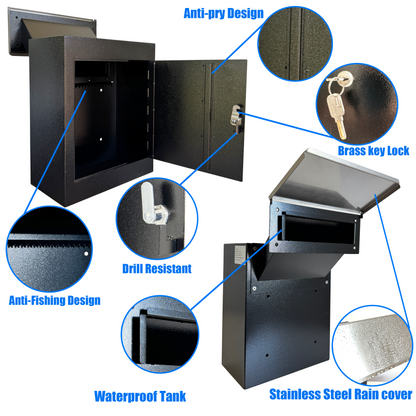 D3-B - Through-The-Wall Drop Box with Rainproof Cover | Heavy Duty Through Wall Mailbox with 10-Inch Adjustable Chute | Rainproof Locking Drop Safe for Mail, Rent, Checks, Cash, and Keys, Black