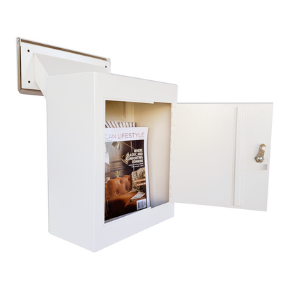 D3N-W-OPENBOX -Through-The-Wall Drop Box with Rainproof Cover | Heavy Duty Through Wall Mailbox with 8.25-Inch Adjustable Chute | Rainproof Locking Drop Safe for Mail, Rent, Checks, Cash, and Keys, White