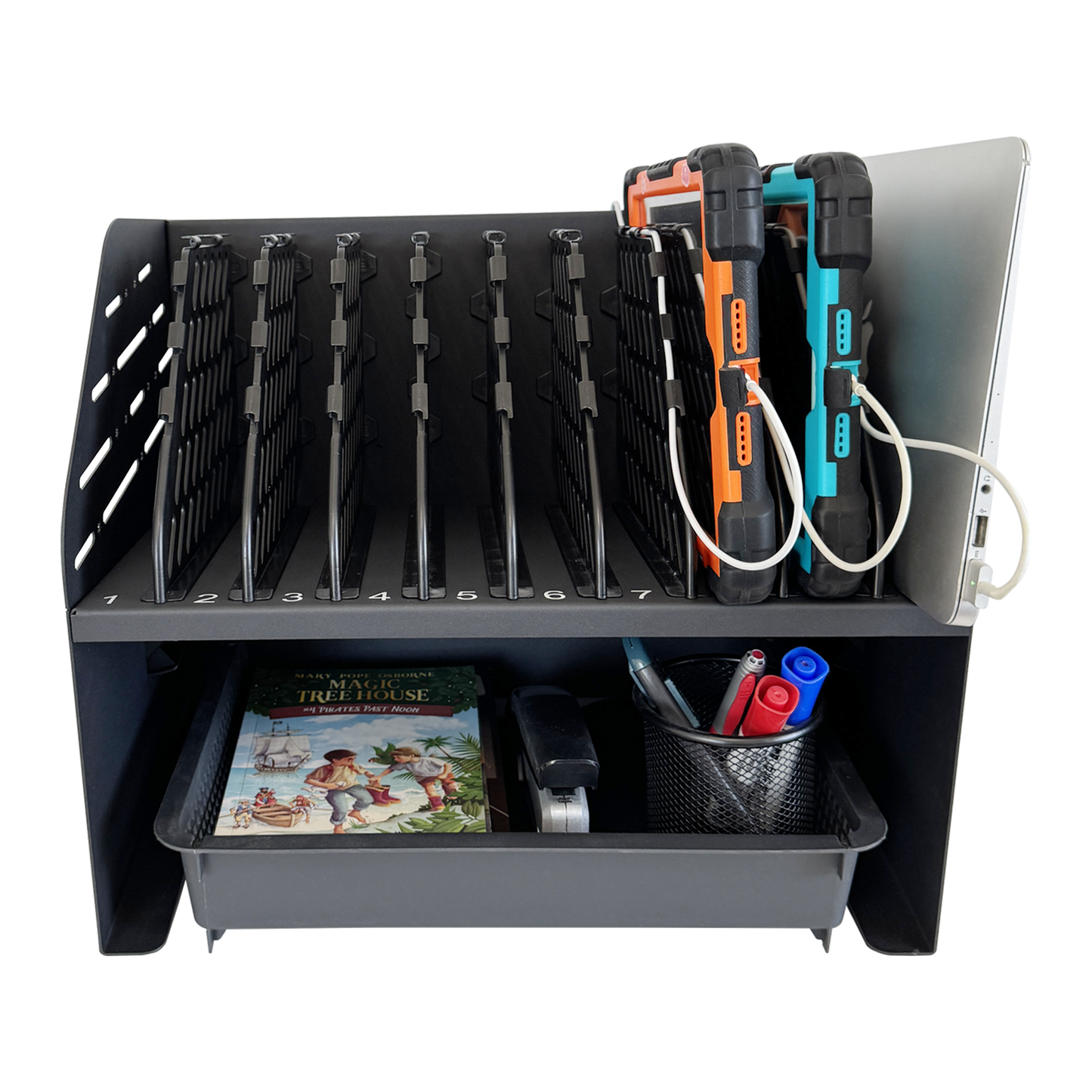 C10A-B - Laptop Charging Station for Classroom, Office, or Home, 10-Device Organizer with 6 AC Outlets & 4 Fast-Charging USB Ports, Fits Laptops, Tablets & E-Readers up to 1.4" Thick, 15.6"