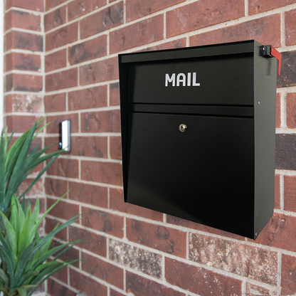 D5-B - Rainproof Wall Mount Mailbox with Outgoing Mail Flag and Holder, Rainproof Anti-Fishing Locking Mailbox, Heavy Duty Residential Security Mailbox, Payment Drop Box with Lock, Black